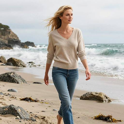 Photograph of a blonde woman with fair skin, wearing a beige V-neck sweater and blue jeans, walking on a rocky beach with waves in the background