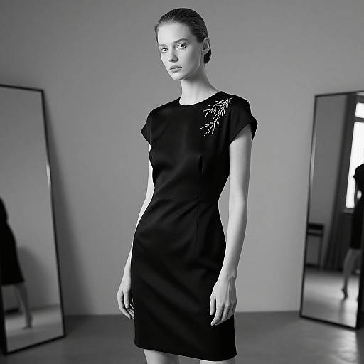 Black-and-white photograph of a slender, fair-skinned woman with slicked-back hair, wearing a short, black dress with floral embroidery, standing in