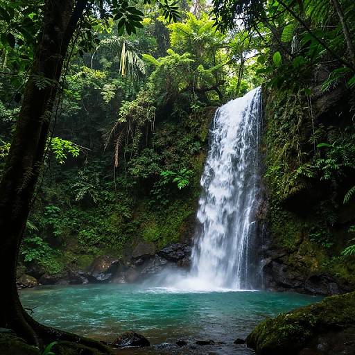 Photograph of a lush, green jungle waterfall cascading into a clear, turquoise pool, surrounded by dense foliage and dark, mossy rocks.