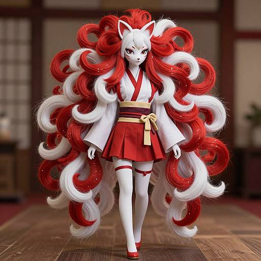 Digital art of a white-furred, red-eyed fox-girl with voluminous red and white hair, wearing a red kimono and white hakama,