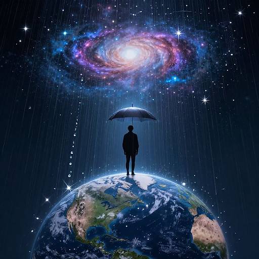 Silhouetted figure with umbrella stands on Earth under a vibrant, glowing spiral galaxy in a starry, rainy space backdrop. Digital art.