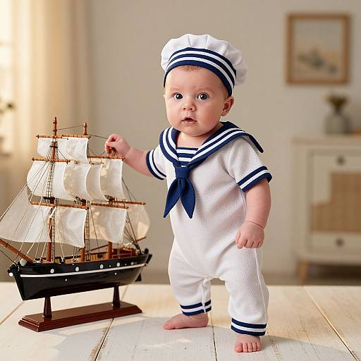 Photograph of a baby in a white sailor outfit with blue stripes, standing next to a detailed wooden ship model.