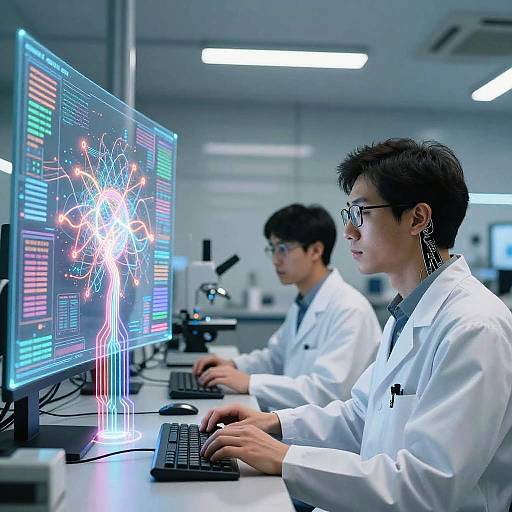 Photograph of two Asian male scientists in white lab coats, wearing glasses, working on computer monitors displaying colorful genetic data in a bright, modern laboratory.