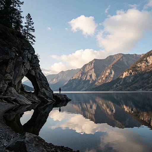 Photograph of a serene mountain lake with a large natural rock arch on the left, mirrored reflection, and a lone figure in the distance under a partly
