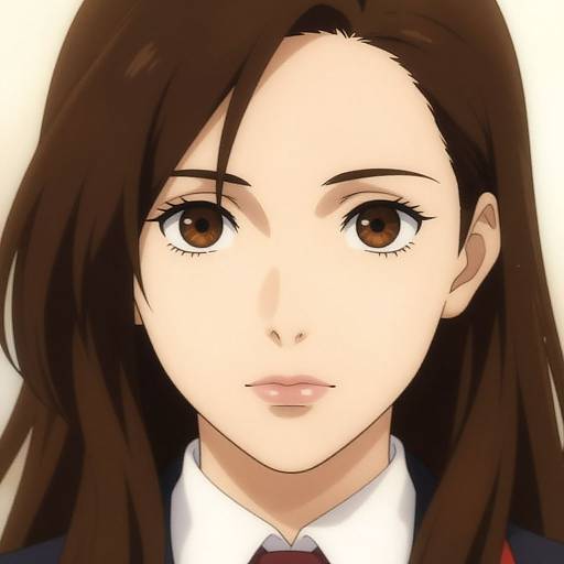 Digital anime-style portrait of a young woman with long brown hair, brown eyes, pale skin, and a serious expression, wearing a white shirt and black