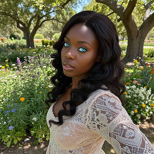 Photograph of a beautiful Black woman with glowing blue eyes, wearing a lace white top, standing in a vibrant, sunlit garden with colorful flowers and