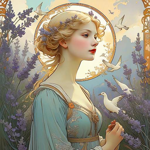 Art Nouveau Woman in Lavender Garden
