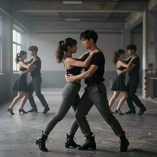 Couples Dancing in Foggy Industrial Space