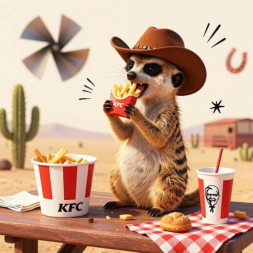 Digital illustration of a meerkat in a cowboy hat eating fries from a KFC bucket, with a red-and-white checkered napkin, in