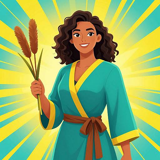 Digital illustration of a smiling, dark-haired woman with curly hair, wearing a teal robe with yellow trim and brown belt, holding grasses, against a