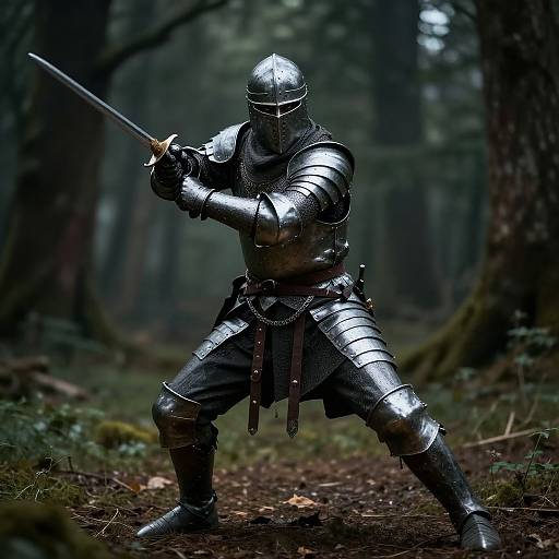 Photograph of a knight in full silver armor, wielding a sword, standing in a dark, misty forest, ready for battle.