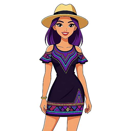 Digital illustration of a smiling woman with purple hair, wearing a black off-shoulder dress with colorful geometric patterns, a beige hat, and a gold