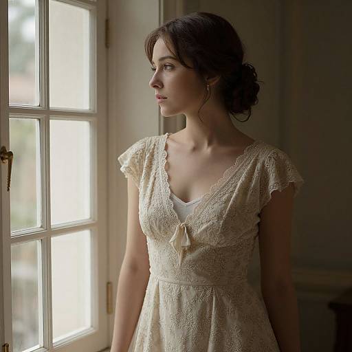 Photograph of a young woman with fair skin and dark brown hair in a lace, short-sleeved, cream dress, standing by a sunlit