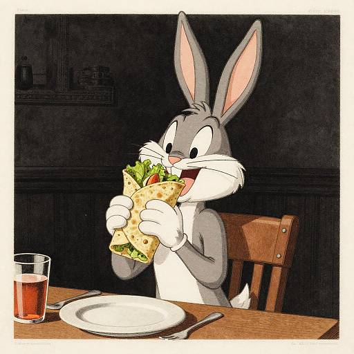 Cartoon gray bunny with pink inner ears eating a large taco at a wooden table, glass of water and empty plate nearby.