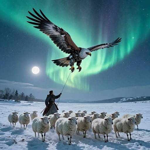 Photograph of a silhouetted herder with a hawk soaring above, leading a flock of sheep under vivid green northern lights and a full moon