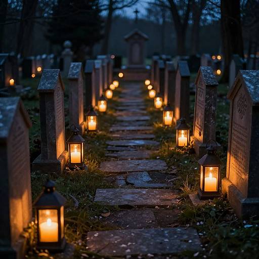 Photograph of a dimly lit cemetery path lined with glowing lanterns, stone headstones on either side, leading to a small mausoleum