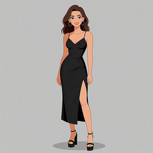 Digital illustration of a confident woman with wavy brown hair, wearing a black, sleeveless, high-slit evening dress and black high heels, standing