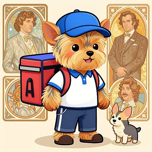 Cartoon teddy bear in blue cap and white shirt, carrying red 