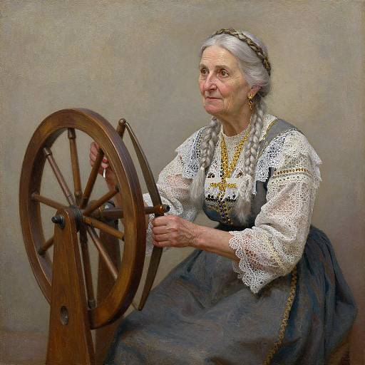 Photorealistic painting of an elderly white woman with white hair in braids, wearing lace blouse and gray dress, spinning wooden wheel against a plain beige