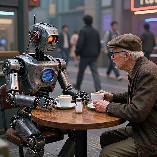 Retro Robot Meeting Elderly Man