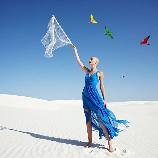 Photograph of a bald woman in a flowing blue dress, holding a white net, standing in a bright white sandy desert, with colorful birds flying in