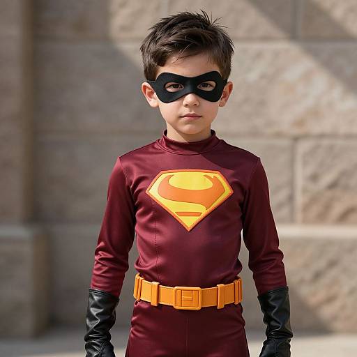 Photorealistic CGI of a young boy in a Superman-inspired costume with a black mask, red suit, yellow belt, and black gloves, standing against