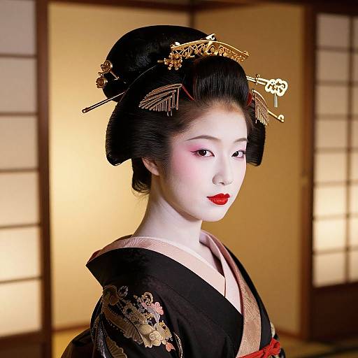 Photograph of a pale-skinned, red-lipstick-wearing Japanese woman in traditional black kimono with gold floral embroidery, black hair styled in