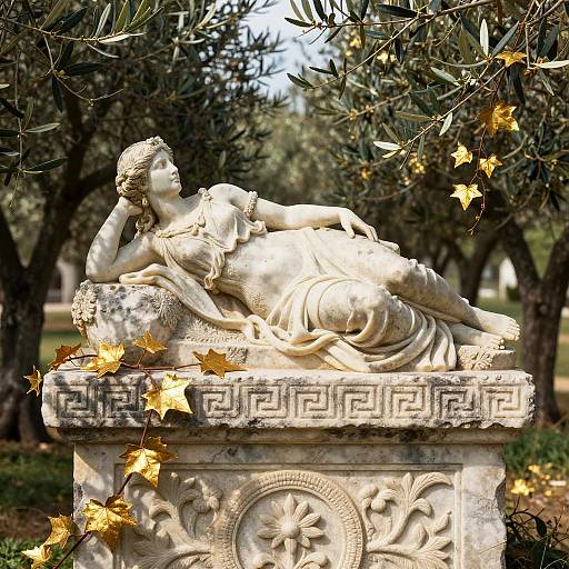 Photograph of a detailed white marble statue of a reclining, classical-style woman with flowing drapery, surrounded by olive trees and golden leaves.