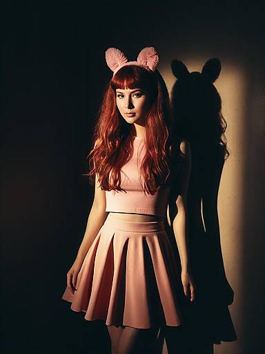 Young Woman in Pink Kawaii Outfit with Fluffy Ears