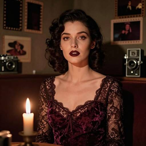 Photograph of a dark-haired woman with curled hair, wearing a black lace dress, standing in a dimly lit room with candles, vintage cameras,