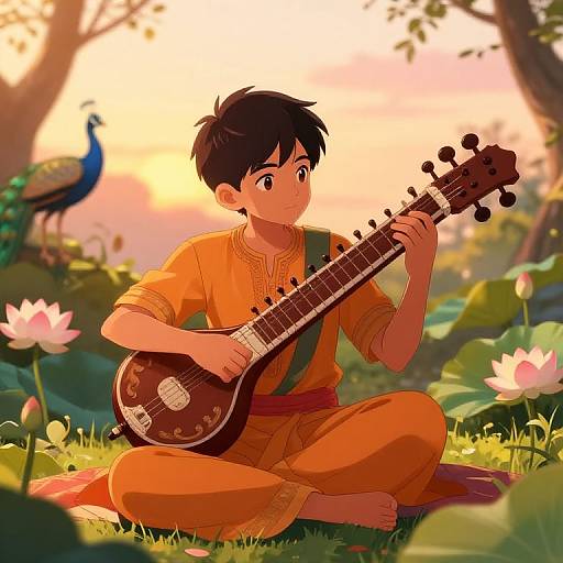Digital anime-style drawing of a young boy with black hair, wearing orange traditional clothes, sitting cross-legged and playing a banjo in a sunlit,