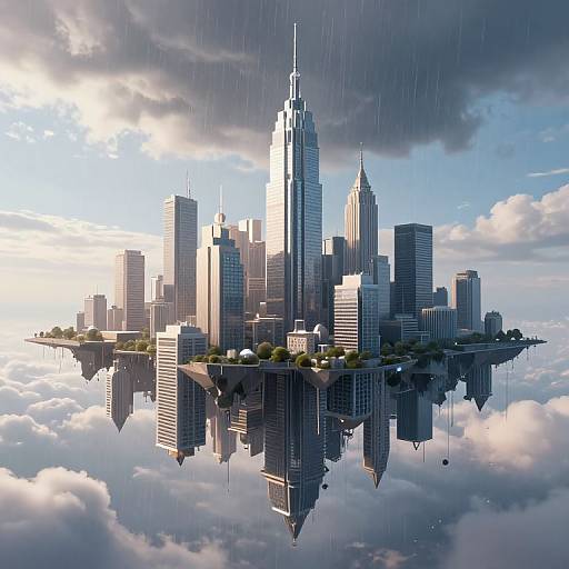 Photorealistic digital artwork of a floating cityscape with skyscrapers, reflecting in a mirrored water surface, under a cloudy sky with rain.