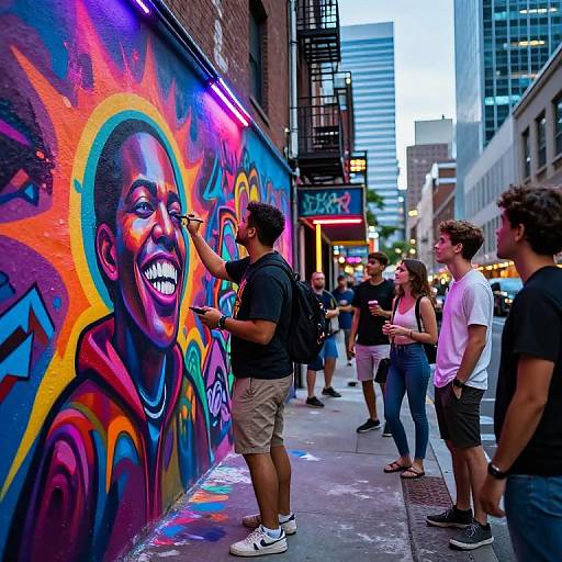 Photograph of a vibrant street mural featuring a laughing African-American man, surrounded by onlookers, in a city alley at dusk.