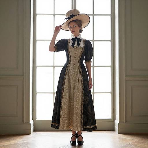 Photograph of a woman in a Victorian-style black and gold dress, white hat with black ribbon, standing in front of a bright window in a white