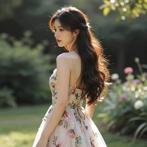 Photograph of an Asian woman with long, wavy brown hair, wearing a floral strapless dress, standing in a sunlit garden.