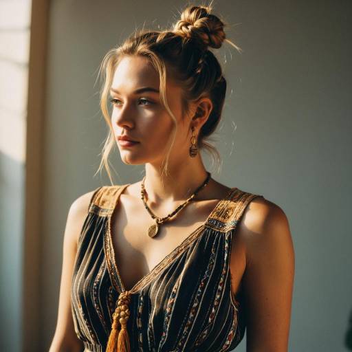 Woman with Braided Top Knot Hairstyle in Boho Dress