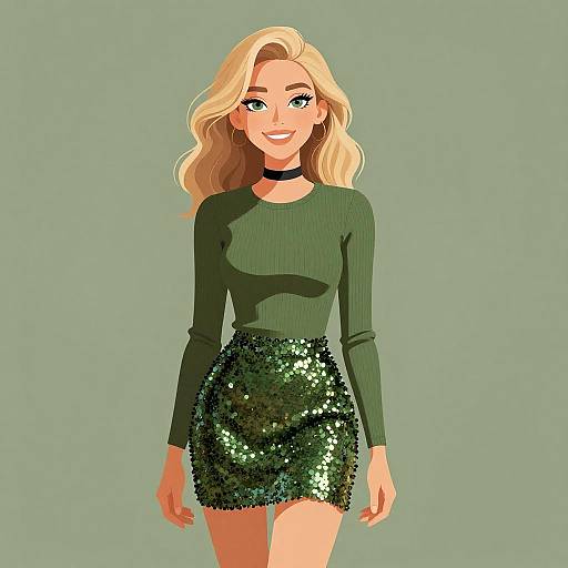 Digital illustration of a smiling blonde woman with wavy hair, wearing a green ribbed long-sleeve top and black sequined skirt, against a