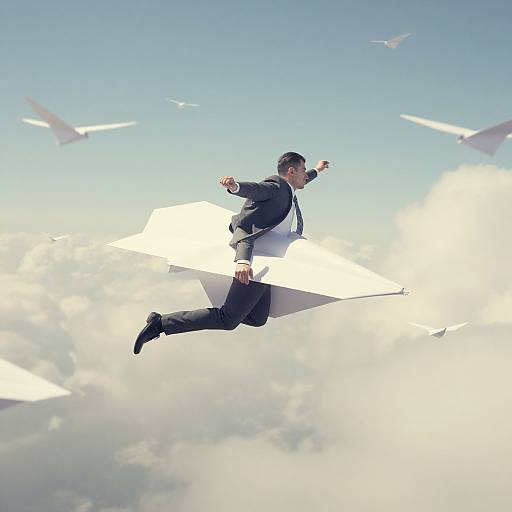 Men Soaring on Paper Airplanes