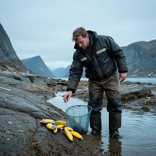 Photograph of a man in a dark jacket and pants, wading in a rocky, icy stream, using a net to catch yellow eels with