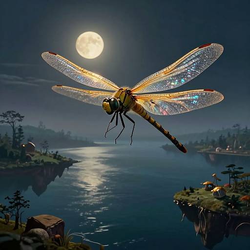 Digital artwork of a glowing, intricately patterned dragonfly flying under a full moon over a moonlit, reflective lake with forested islands.