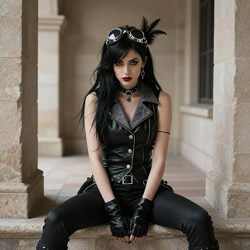 Gothic Punk Woman in Black Leather Attire