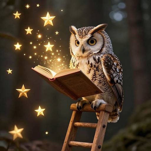 Photograph-style digital art: A detailed, realistic owl with yellow eyes and speckled feathers sits on a wooden ladder, reading an open book,