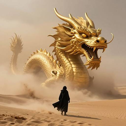Silhouetted figure in long cloak facing massive, golden dragon with fierce expression in a desert, surrounded by swirling sand. Photorealistic CGI.