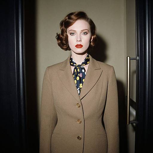 Photograph of a fair-skinned woman with red lipstick, short brown hair, wearing a brown blazer, black floral scarf, and standing in a