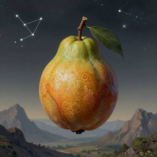 Photorealistic digital artwork of a patterned, golden-orange pear with a green leaf, floating above a starry night sky and mountainous landscape.
