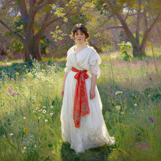 Digital painting of a young woman with fair skin and dark hair, wearing a white dress with a red floral sash, standing in a sunlit,