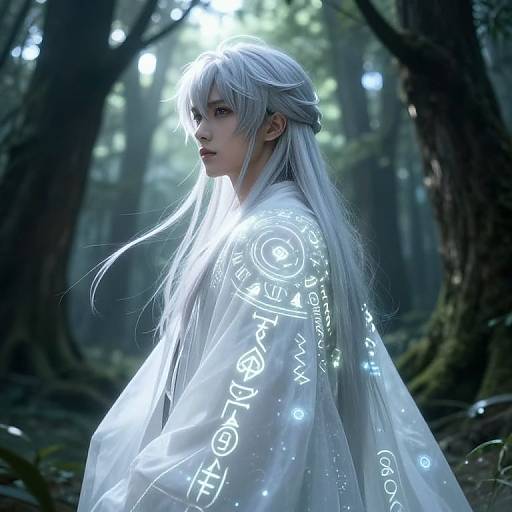 Digital art of a pale, silver-haired forest elf with glowing white robe adorned with mystical symbols, standing in a dark, misty forest.