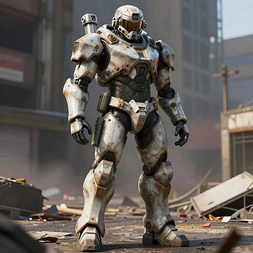 CGI image of a white, heavily armored, futuristic soldier standing in a smoky, post-apocalyptic urban ruin with debris and damaged buildings.