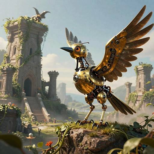 Whimsical Mechanical Bird's Fantasy Journey