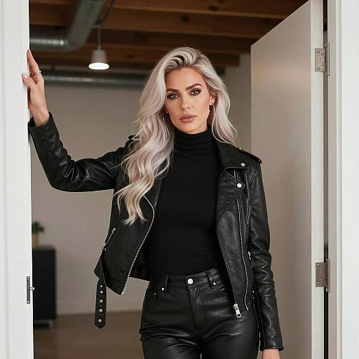 Woman in Black Leather Outfit Standing in Doorway